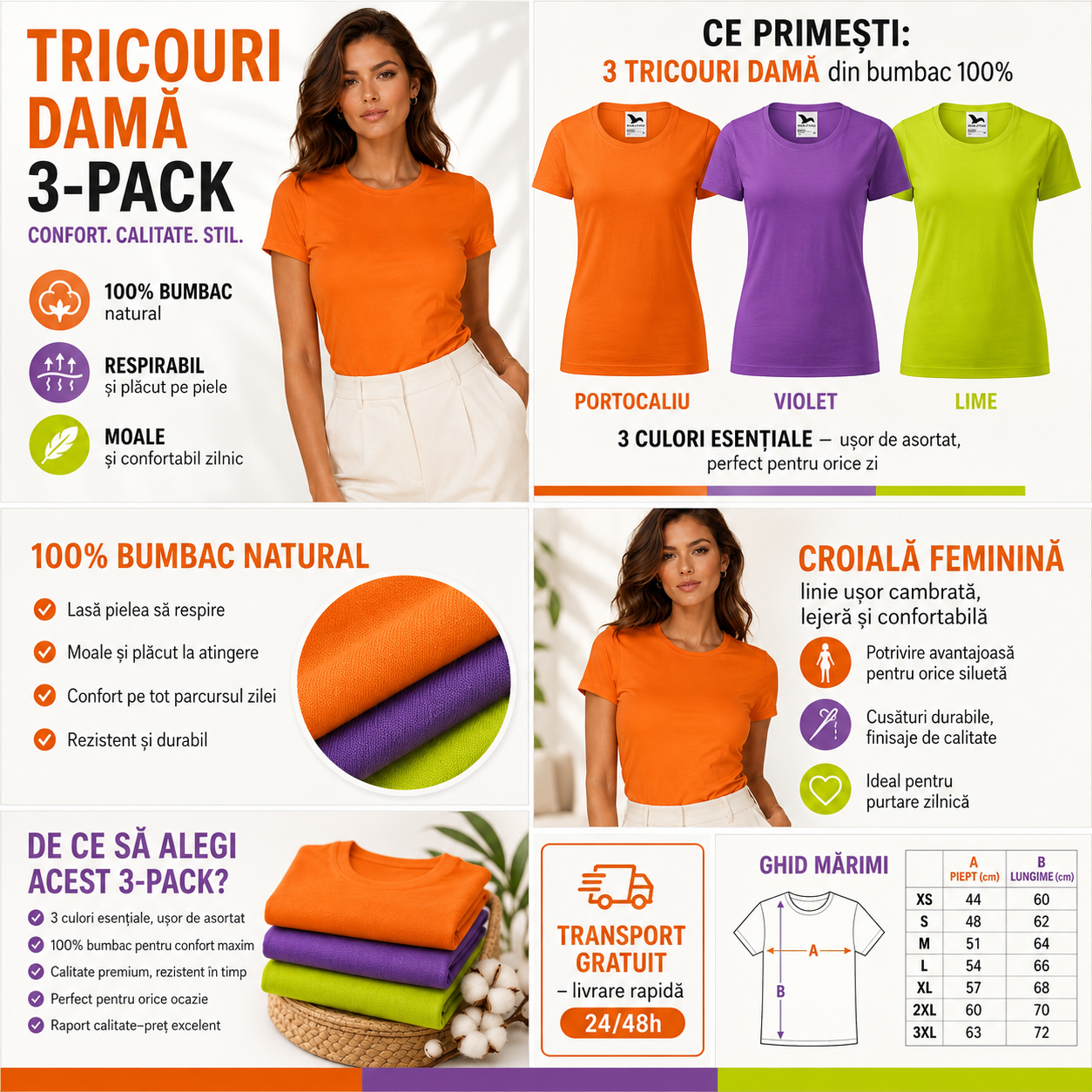 Set 3 tricouri damă 100% bumbac casual clasic portocaliu violet lime transport gratuit